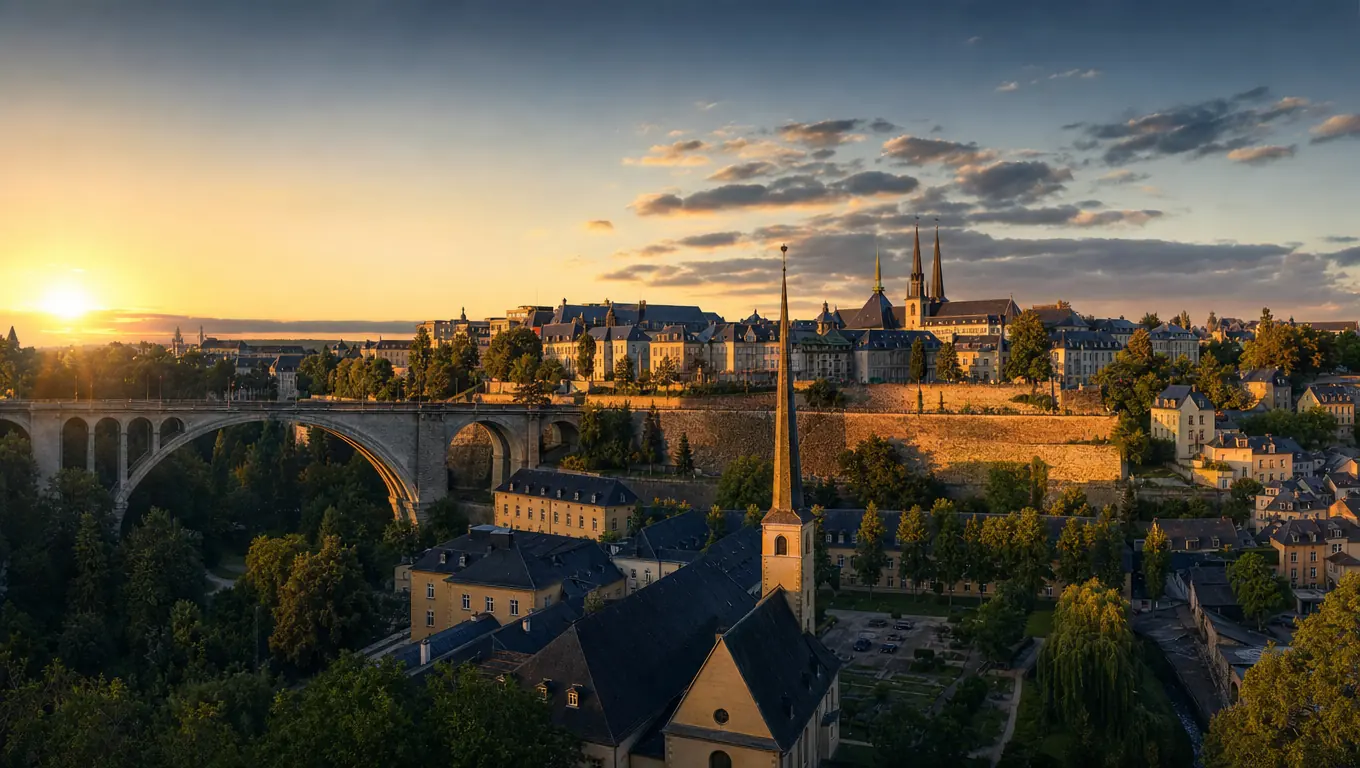 Le pont Adolphe et la vieille ville de Luxembourg au coucher du soleil