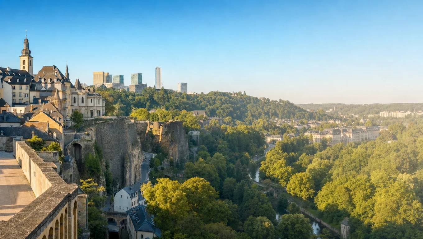 Panorama de Luxembourg : la vieille ville, la vallée de l’Alzette et, au loin, les tours du quartier d’affaires du Kirchberg